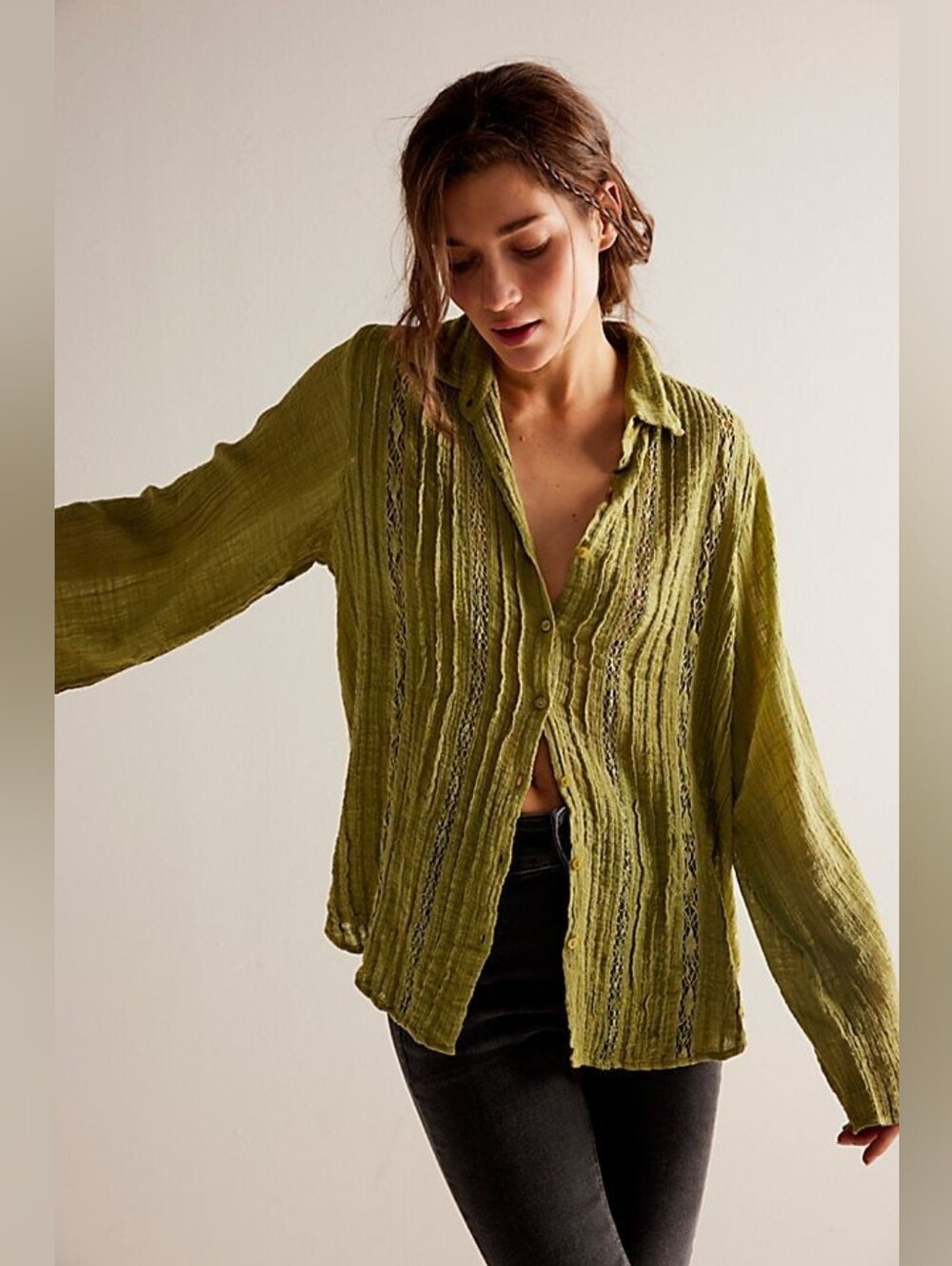 Free People FP One Mila Shirt Green Chartreuse Lace Crochet Button Down Size S